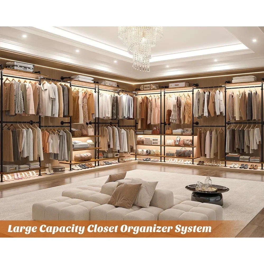 Industrial Pipe Clothing Rack, Expandable Garment Rack, Closet System with Wood Shelves for Hanging