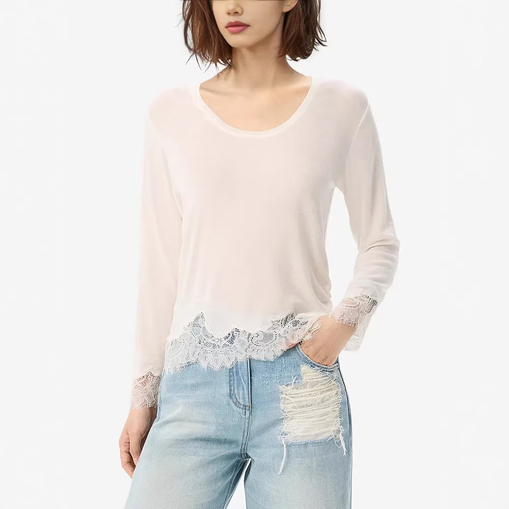 2026 Early Spring Pure Color Lace Trim Wool T Shirt Women Round Neck Long Sleeve y2k accessories crop top