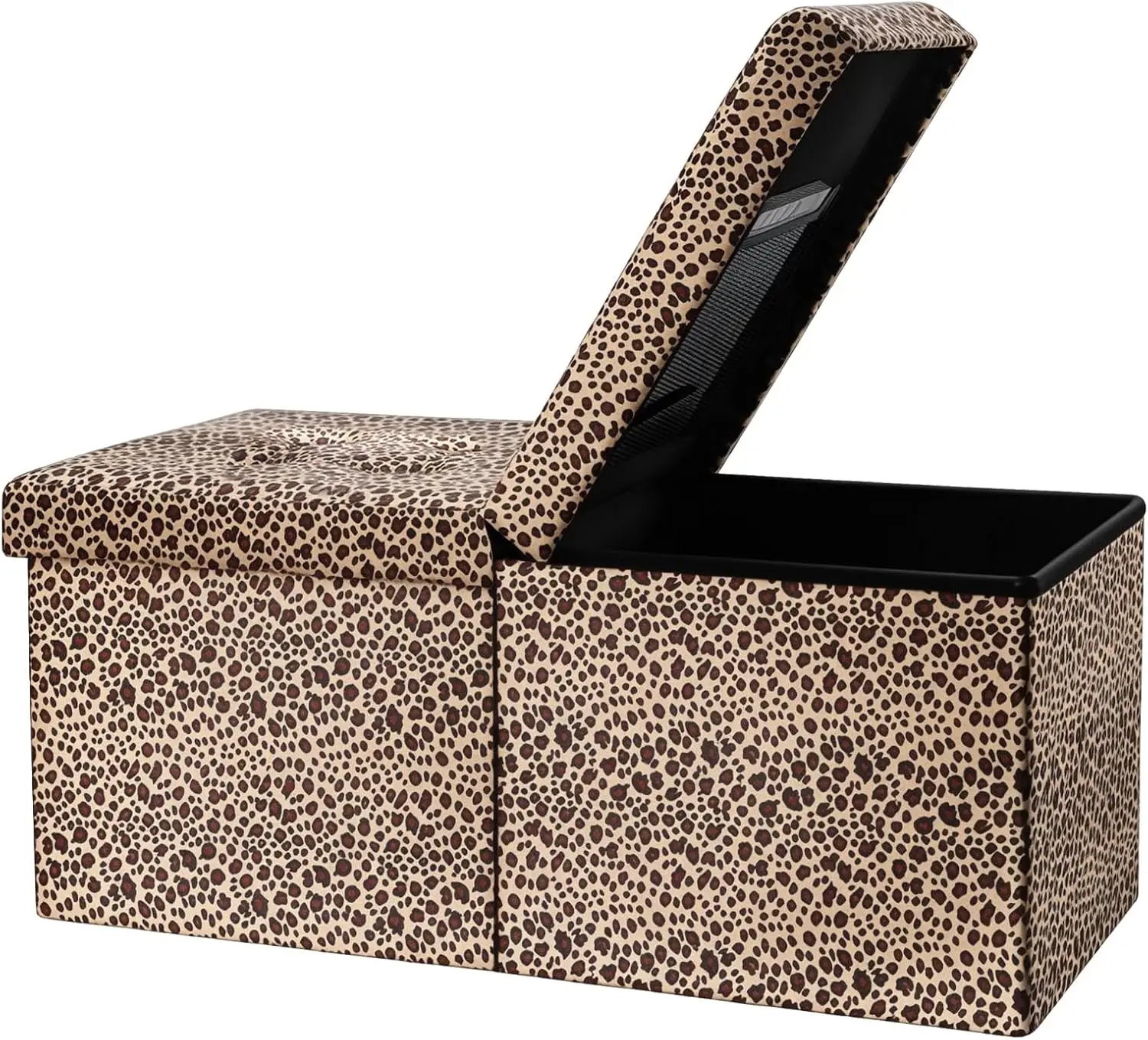 Leopard Print Velvet Storage Ottoman Bench, 34 Inch Foldable Footrest with Flipping Lid for Living Room and Bedroom