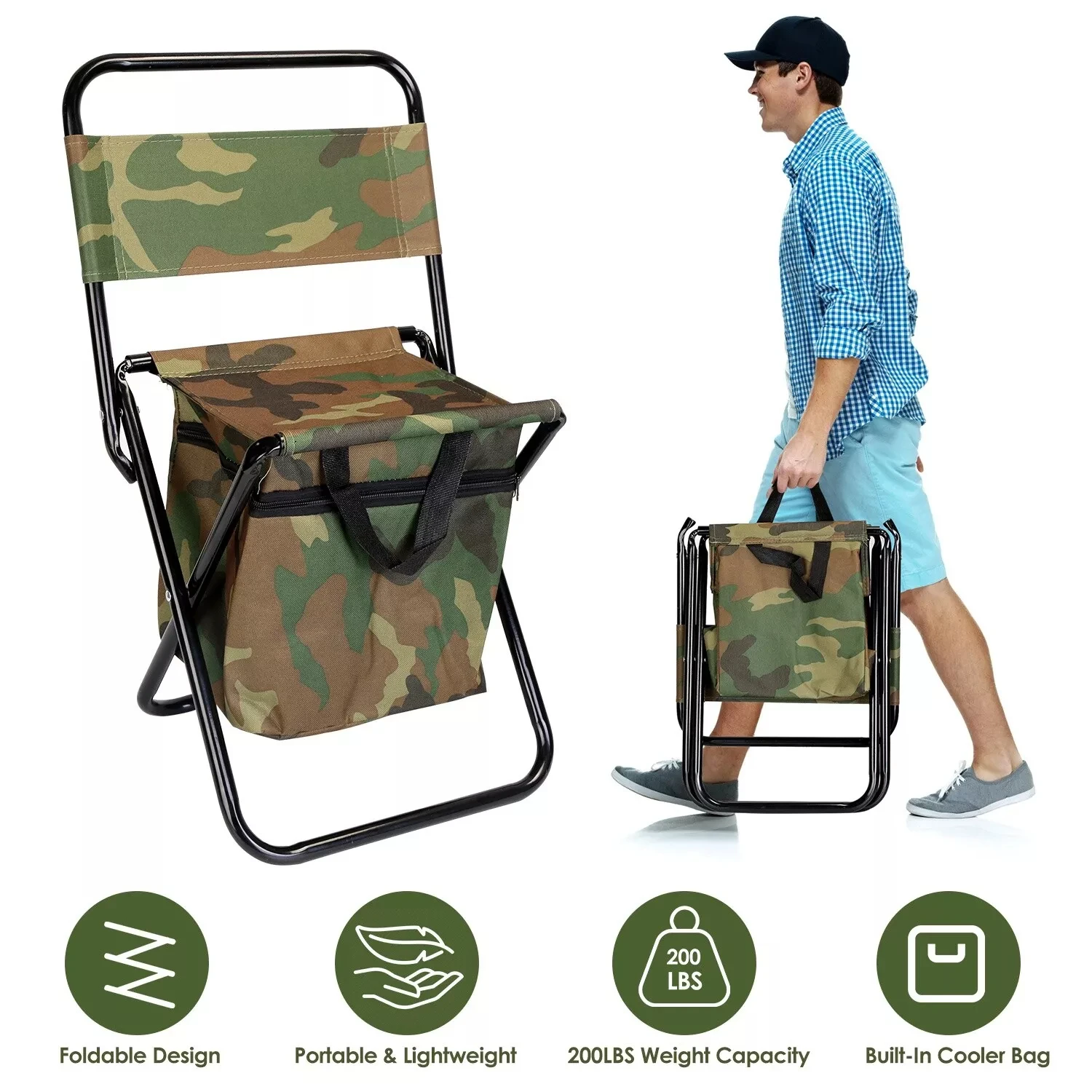 

Foldable Stool Backpack Portable for Camping Hunting Fishing Chair With Backrest