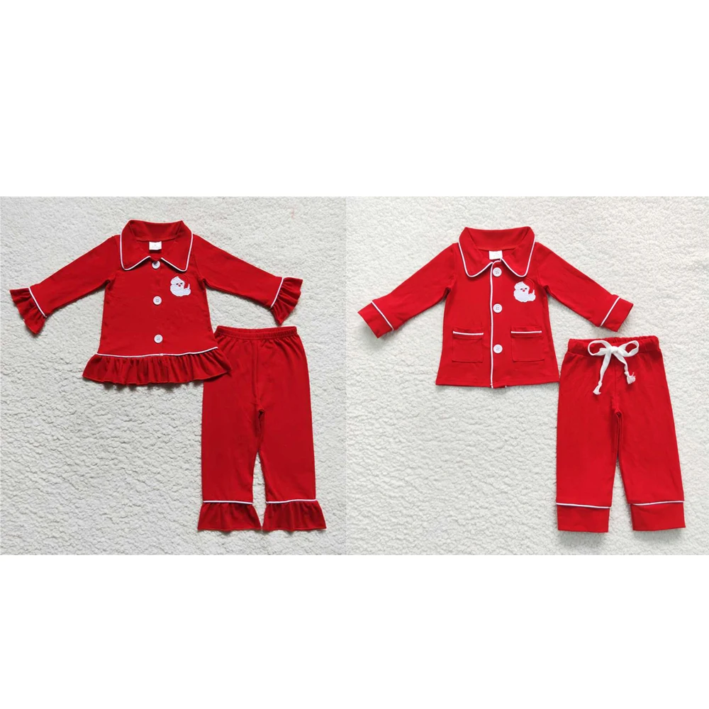 

Wholesale hot sale Kids Christmas Santa pocket collar red long sleeve pants suit Toddler Pajama set matching Boys Girls