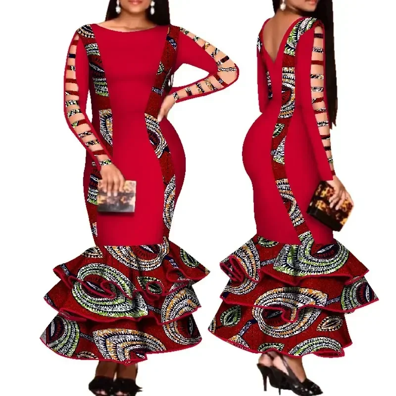 African Dashiki Dress for Women Hollow Bandage Sleeve Long Mermaid Dress Women Sexy Backless Long Evening Dress Maxi Dress WY426