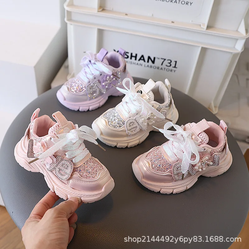 Children Shoes 2026 New Spring Autumn Toddler Girls Sport Shoes Bling Soft Sole Breathable Outdoor Tennis Fashion Kids Sneakers