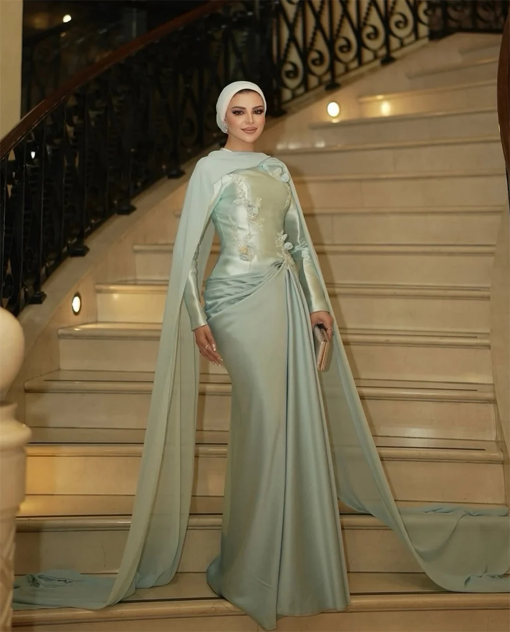 Contessa Dubai Custom Muslim Style Prom Dress With Elegant scarf  Vestidos de noche Flower embroidery Formal evening dress 2025 image 4