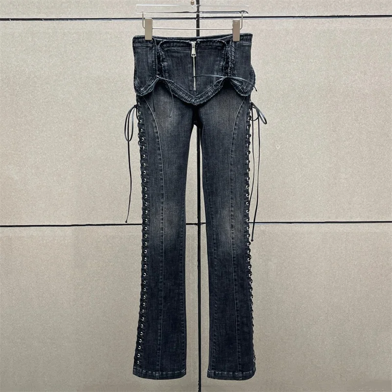 

Women's jeans New leather rope tied slim fit bell bottom pants for winter 2025 pure cotton low waisted women's pants Denim pants