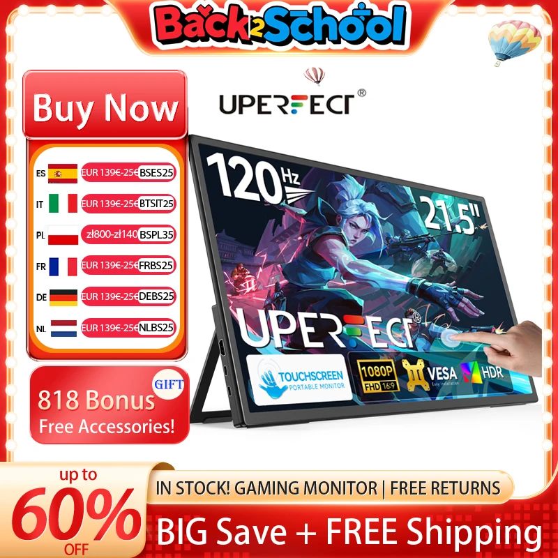 UPERFECT Monitor portatile touchscreen da 21,5 120HZ Ampio display da gioco con schermo esterno HDMI tipo C per laptop Telefoni PC