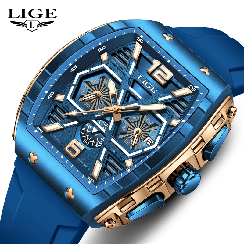 LIGE 2026 Top Brand Luxury Men's Watch Waterproof Sports Luminous Silicone Strap Chronograph Quartz Watch Watches for Men Reloj