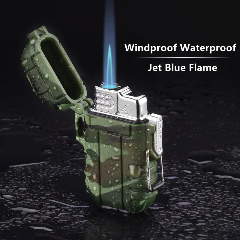 Outdoor Waterproof Lighter With Lanyard Portable Blue Flame Jet Lighter Butane Turbo Cigar Lighter Camping Wading Men\'s Gift