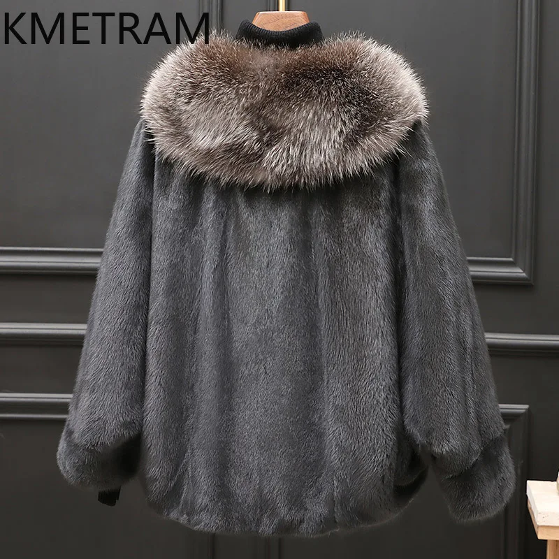 100% chaqueta de piel de visón para mujer, abrigo de piel auténtica con manga de murciélago de lujo, ropa de invierno para mujer, chaquetas peludas, cuello de piel de zorro 2025 шу onder