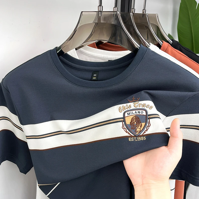 Designer marque manches courtes hommes t-shirt haut de gamme mode badge lettre broderie été cou rond décontracté nouveau rayé Paul top