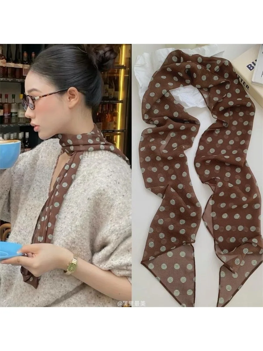 

Высококачественный коричневый длинный шарф в горошек, женский, новинка 2025 года, повязка на голову, галстук на шею, универсальный всесезонный аксессуар-шаль