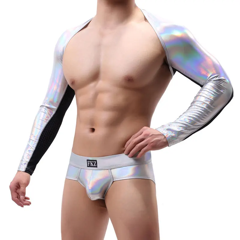 

Male Sexy Pole Dance Costume Nightclub Laser Silver Gogo Dancer Clothes Muscle Men Hollow Out Tops Shorts Rave Outfit VDB5627