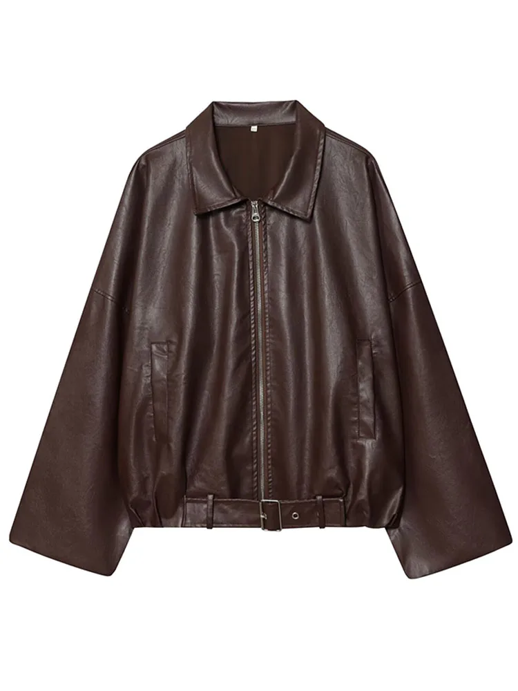 HH Female Spring Fashion Long Sleeves Jackets Solid Turn-Down Collar Pockets Belt Decoration Zipper Women High Street Short Coat