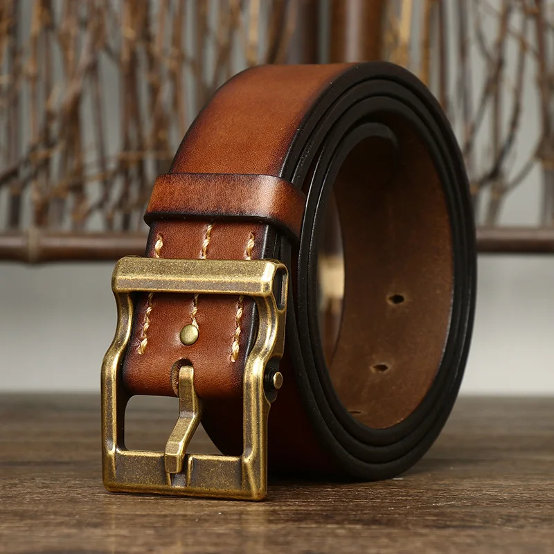 3.8 CM High Quality Genuine Leather Belt for Men Retro Extra Thick Pure Cowhide Brass Buckle Jeans Luxury Designers Male Belt