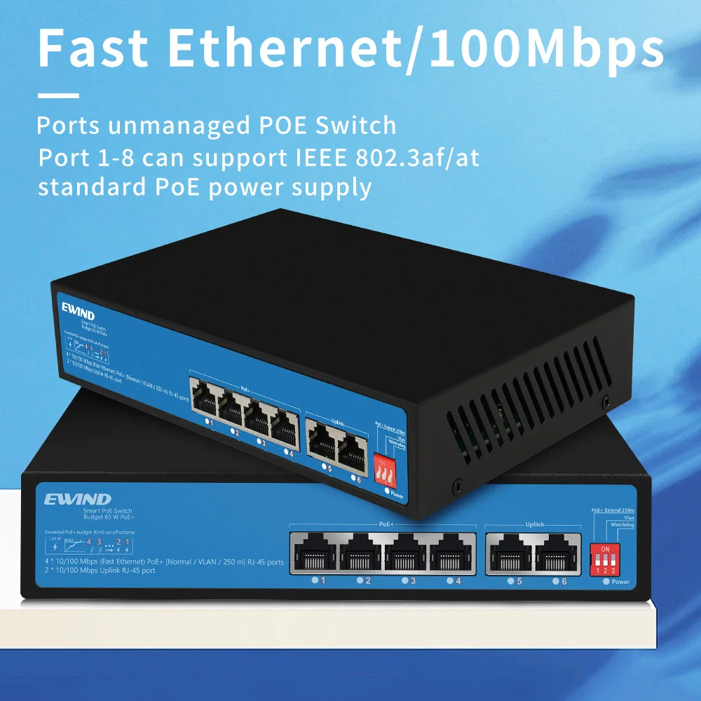 

POE Switch for IP Cameras, Wireless AP, CCTV Camera, iEEE 802.3 AF, AT, AI Watchdog, 10 Mbps, 100Mbps