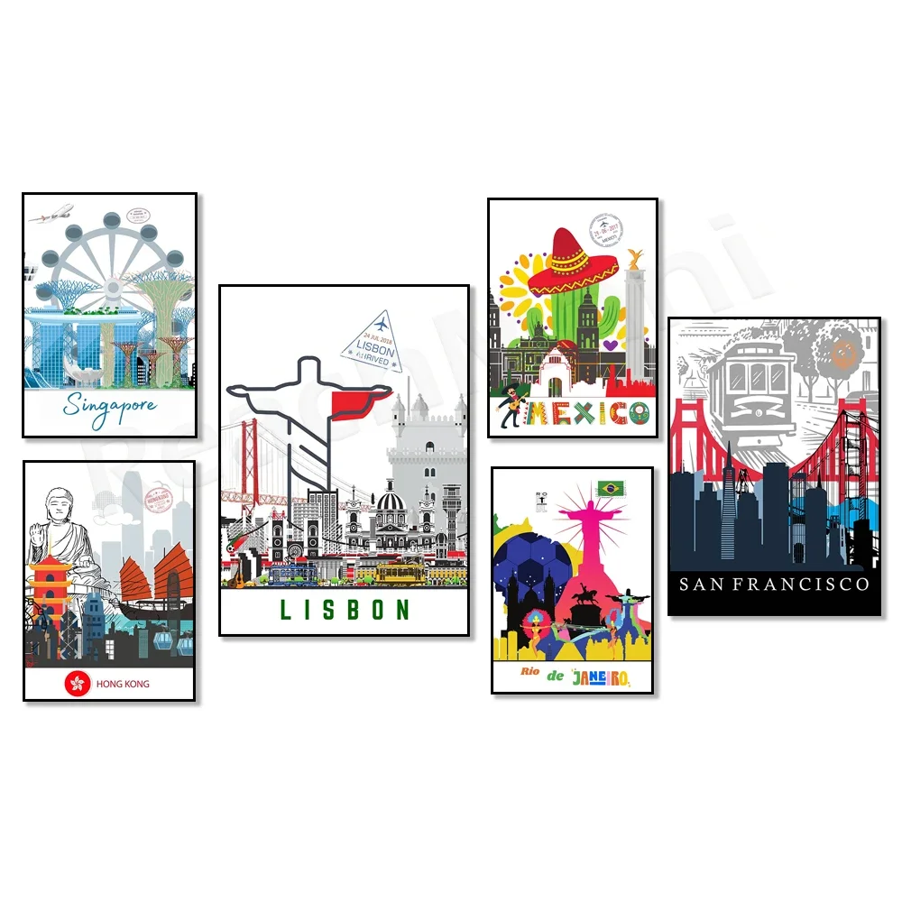 

San Francisco, Singapore, Venice, Rio de Janeiro, Glasgow, Prague, Hong Kong, Mexico, Lisbon, Budapest landmark travel posters
