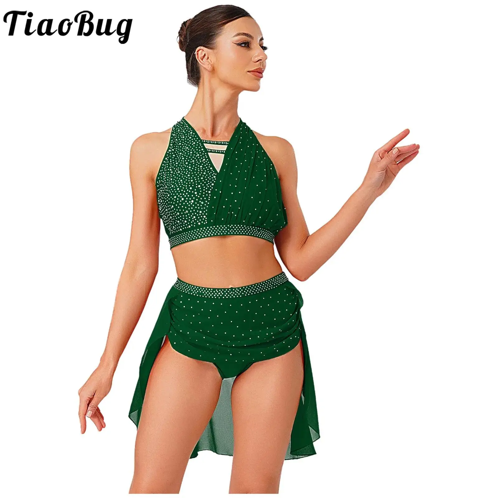 

Women Lyrical Skating Dance Outfits Dancewear Sleeveless Halter Ruched Crop Top and Irregular Hem Briefs Skirt Set Dance Costume