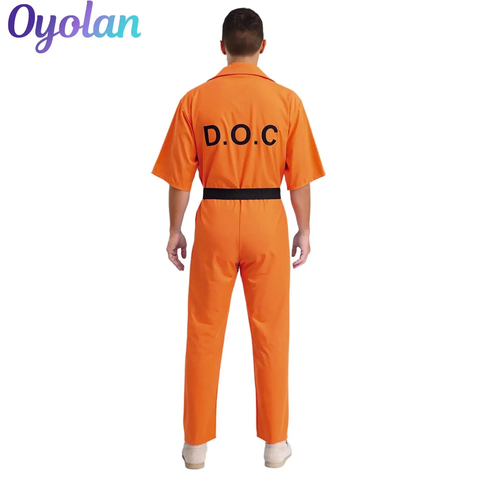 

Mens Womens Orange Prison Jumpsuit with Waist Belt Lapel Halloween Prisoner Cosplay Costume Rompers Inmate Convict Jail Bodysuit