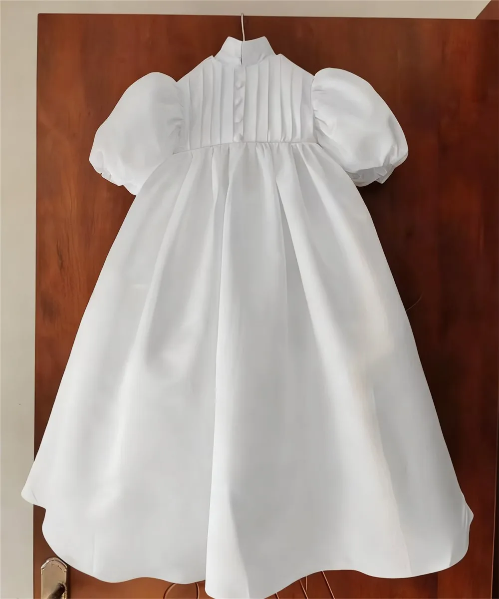 Vestido de novia personalizado de satén marfil con flores para niña, vestido plisado hinchado para bebé, vestido de comunión para bautismo, vestido de fiesta de cumpleaños para niña