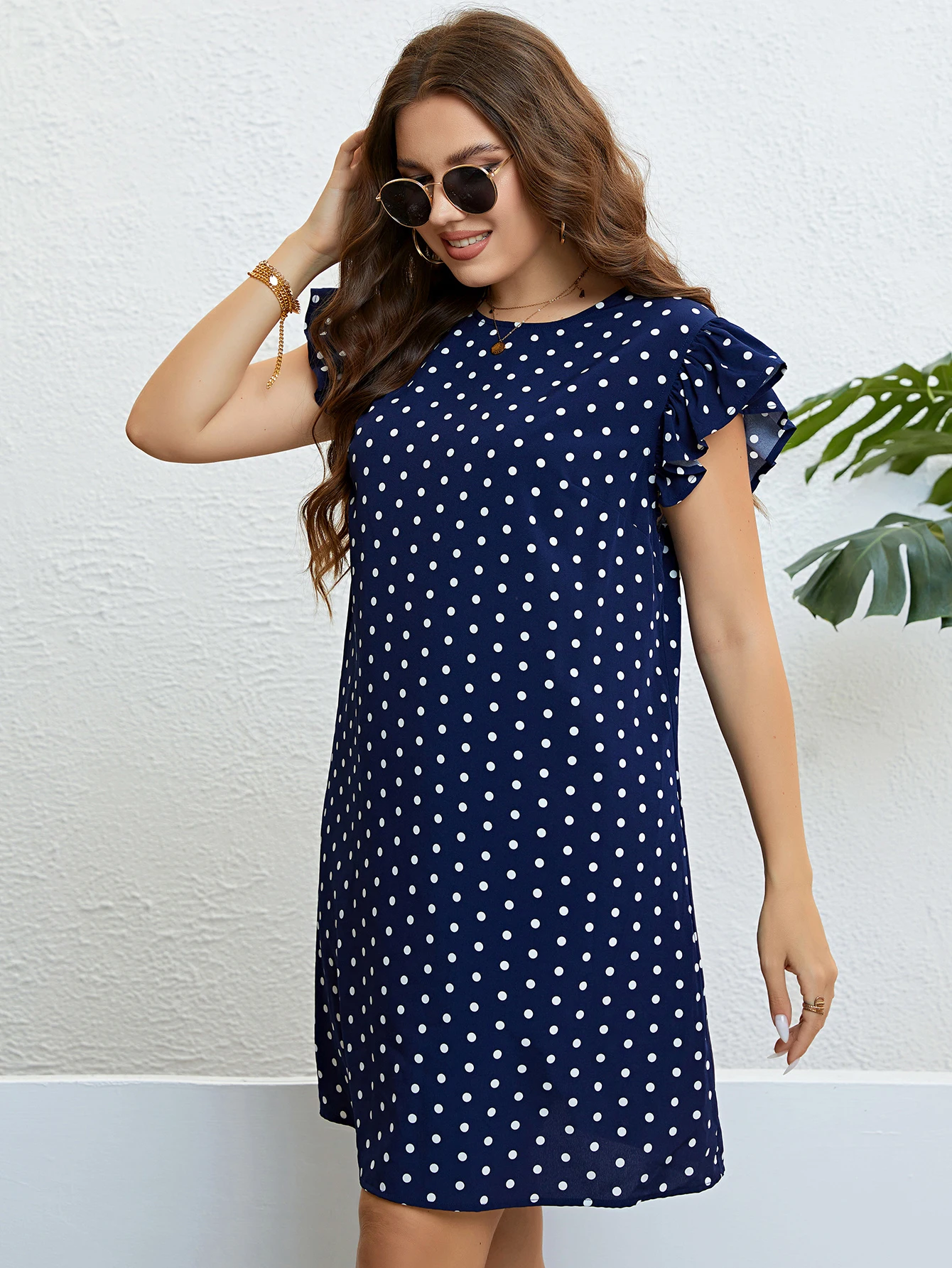 Plus Size Polka Dot rękaw z falbankami letnia sukienka damska 2024 dziurka od klucza z okrągłym dekoltem słodka casualowa damska proste sukienki Mini