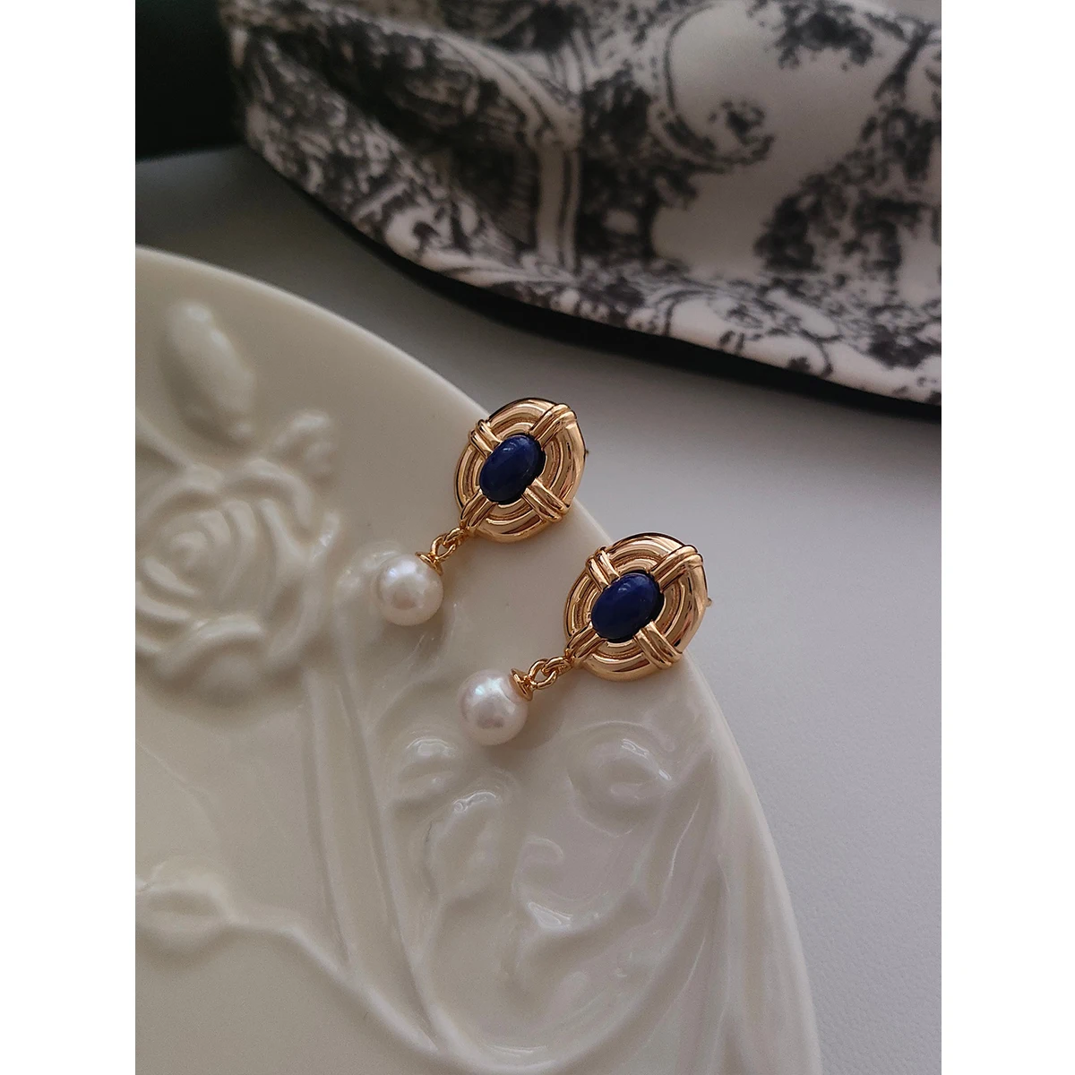 NEW ​ Full Body S925 Pure Silver Plated With 18K Real Gold | Lapis Lazuli | Natural Freshwater Pearl Earrings 100603