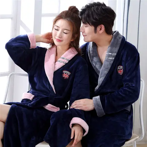 Warm Flannel Couple Robe Long Sleeve Winter Nightgown YZYOUTHZING