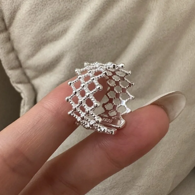 

S925 Sterling Silver Fine Ring Korean Version Niche Design Sense Grid Simple Retro Style Silver Jewelry Wholesale