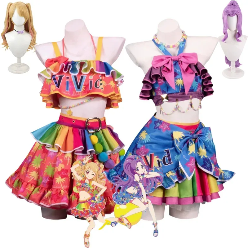 Disfraz de Cosplay de Anime Aikatsu! Kanzaki Mitsuki Natsuki Mikuru, traje de baño para el día de verano, falda, peluca, traje de Bikini Sexy para fiesta en la playa 5f