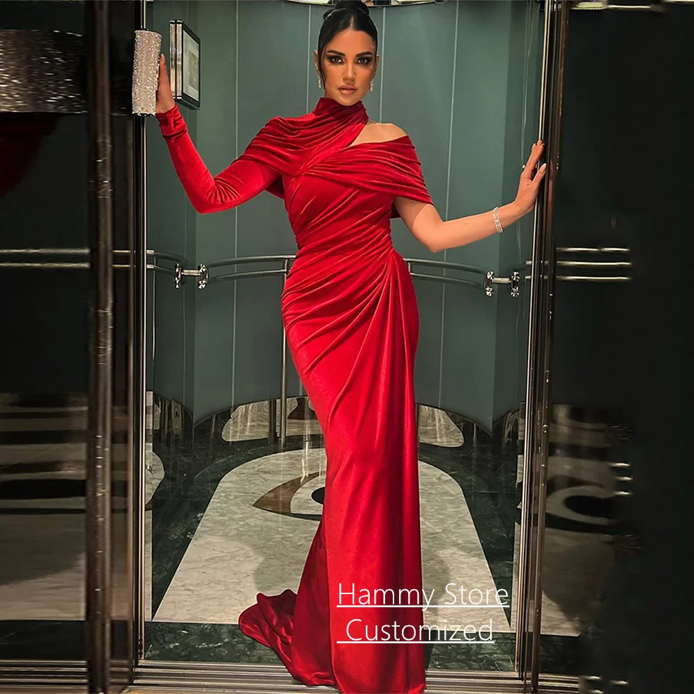 

Velvet Mermaid Evening Dress Customized High Neck Long Sleeve Pleat Sweep Train Arabian Prom Gown فساتين سهرة