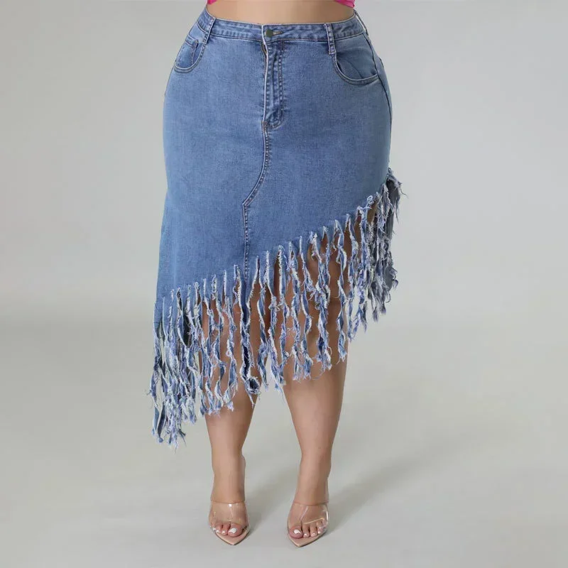 

GUWU женские джинсы летние рваные кисточки на молнии с высокой талией тонкая длинная юбка макси больших размеров уличная женская джинсовая юбка с бахромой