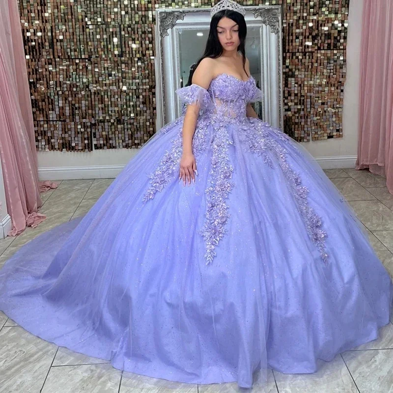 Vestidos de princesa lilás Quinceanera para meninas, vestido de baile com renda, apliques, 15 anos, festa de aniversário, baile