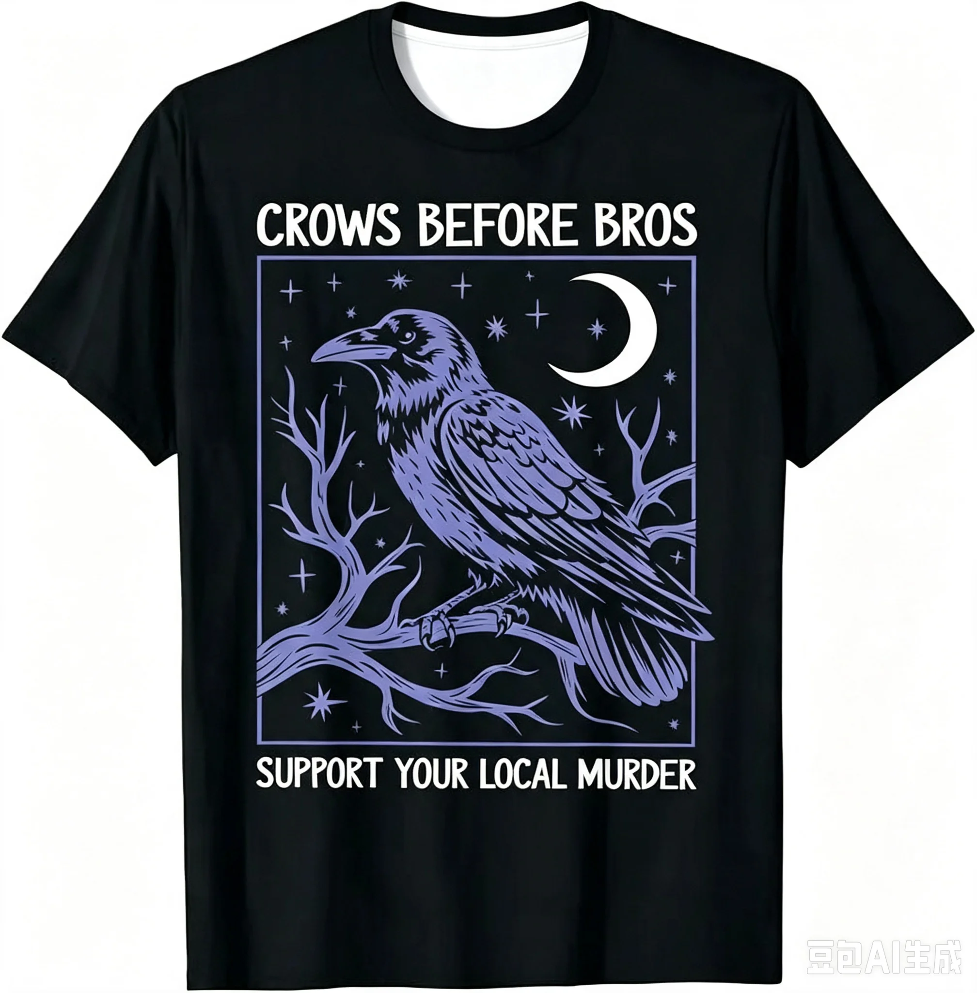 Crows Before Bros Support Your Local Murder Crow Moon Graphic T-Shirt Gothic Witchy Raven Stars Vintage Dark Aesthetic Casual