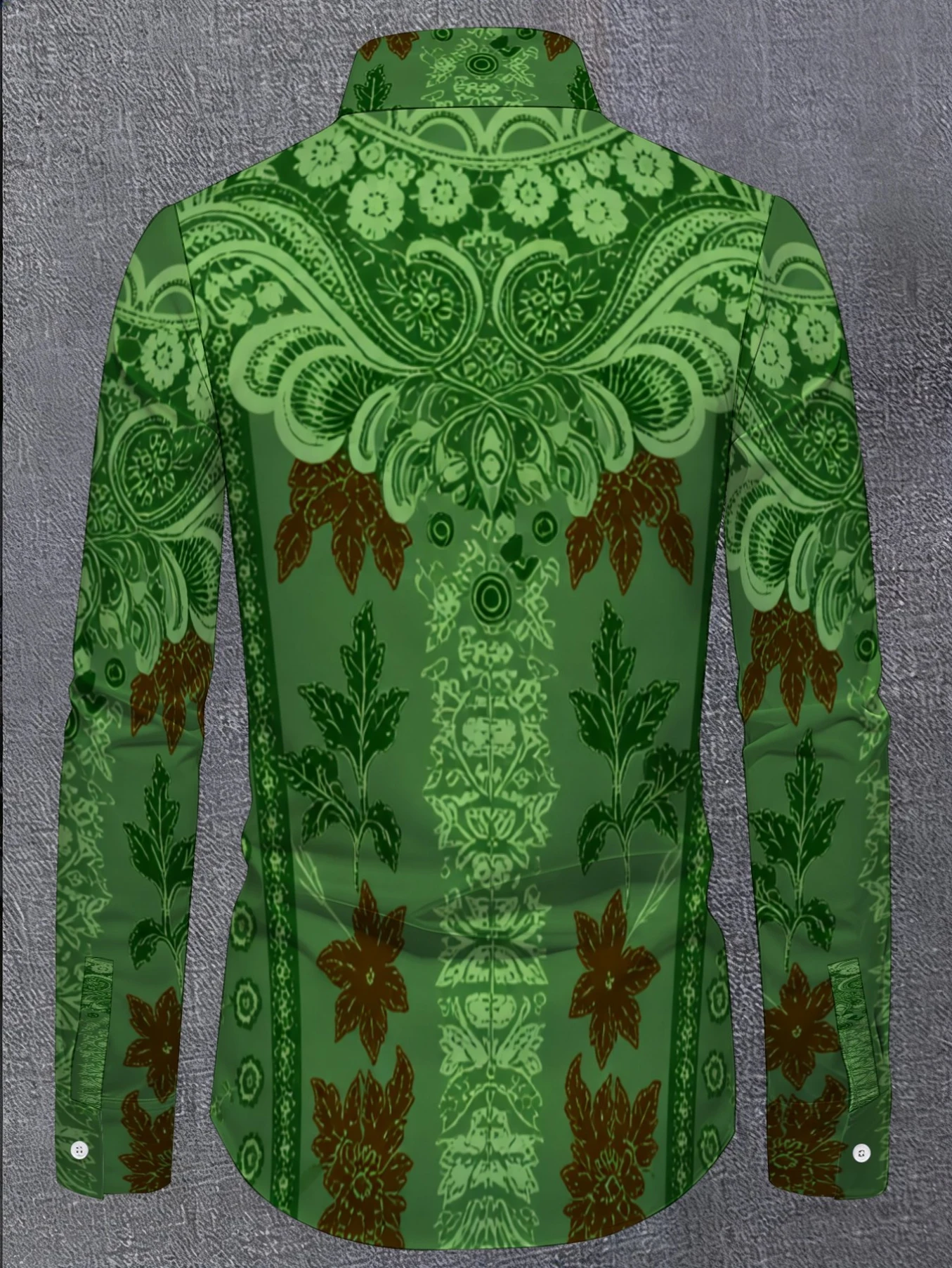 Retro Men Lapel Collar Shirt Multi‑Green Tone Ornate Batik Botanical Art Print Polyester Long‑Sleeve Blouse