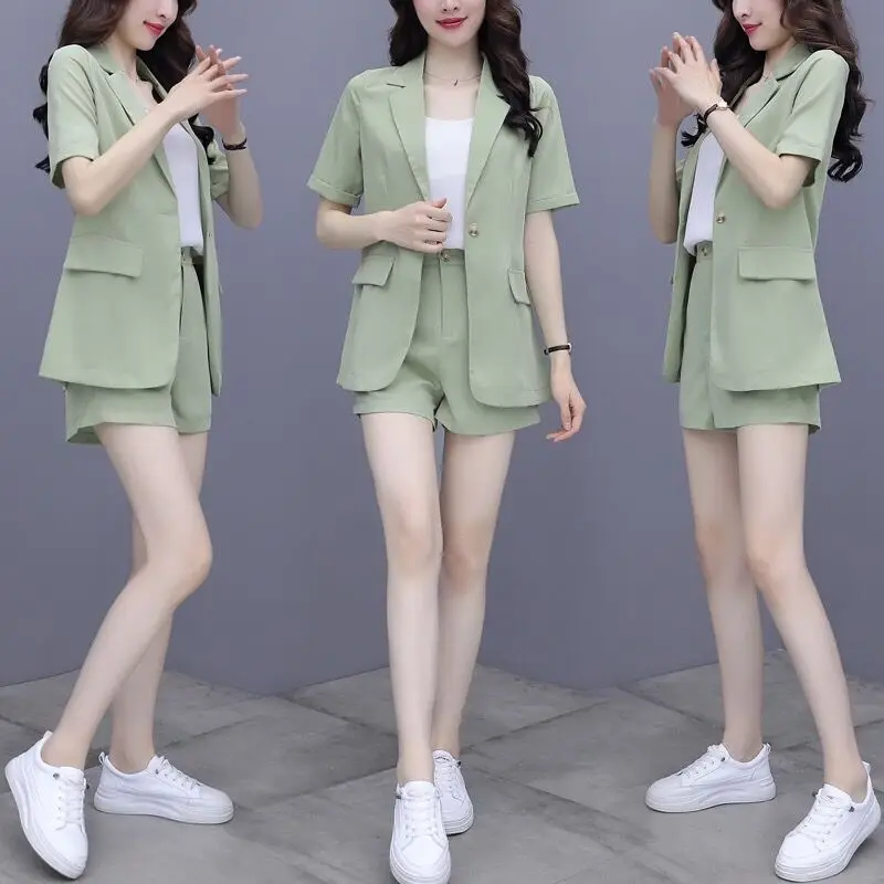 Fashionable Women\'s Set 2024 Korean Spring/Summer Slimming Thin Western Suit Coat Casual Shorts Three Piece Set