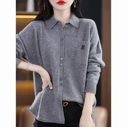 Spring and Autumn Women's Solid Polo with Long Sleeve Knitted Cardigan Embroidery Button Fashion Elegant Casual Formal Tops