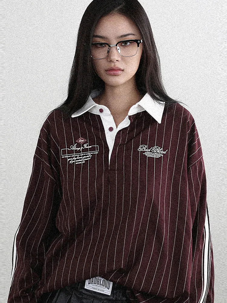 American Sle College Wind Long Sve Collar irt Jaet Patrón de rayas Top casual para mujer Temporada de primavera Mezcla de algodón