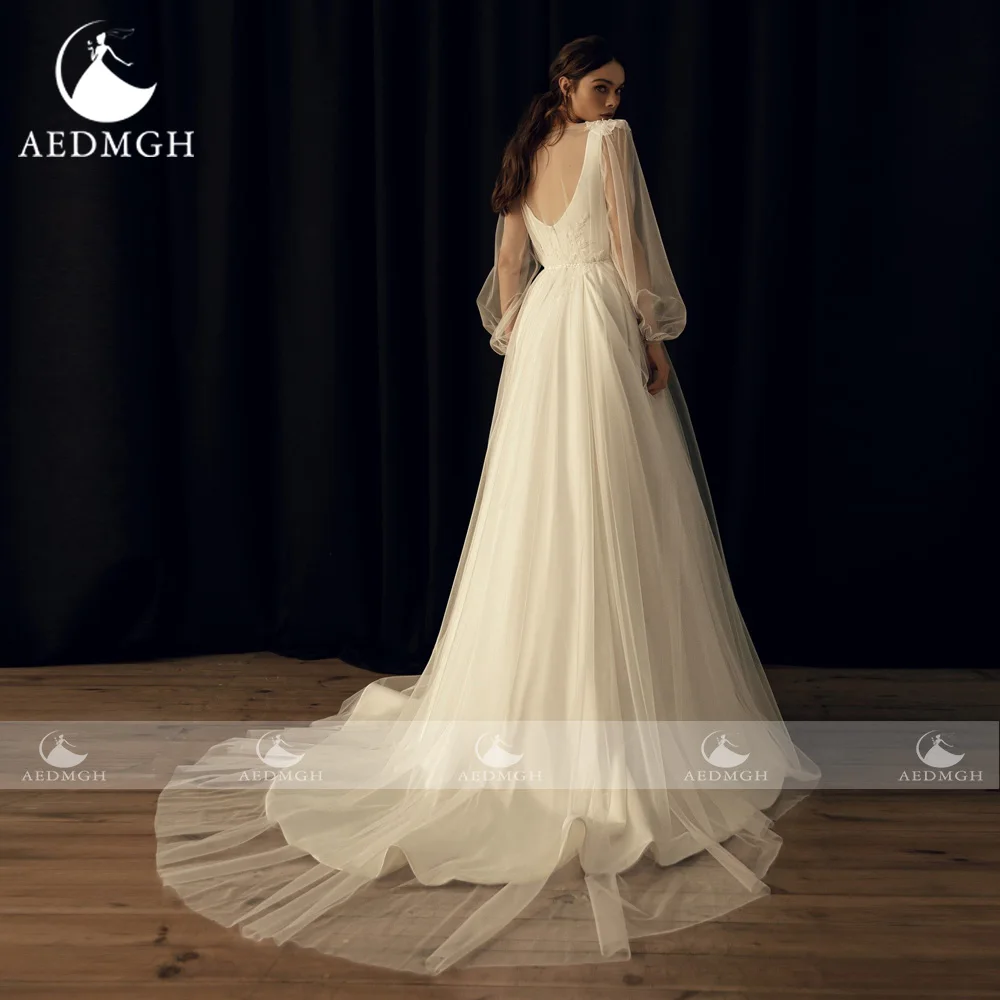 Aedmgh A-Line Matte Satin Wedding Dresses V-Neck Puff Long Sleeve Vestido De Novia Detachable Jacket Custom Made Bridal Gown