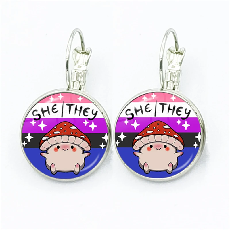 Genderfluid Pride She They Mushroom Pronoun Dangle Earrings Glass Cabochon Cute Drop Earrings Lady Earrings Jewelry Gift