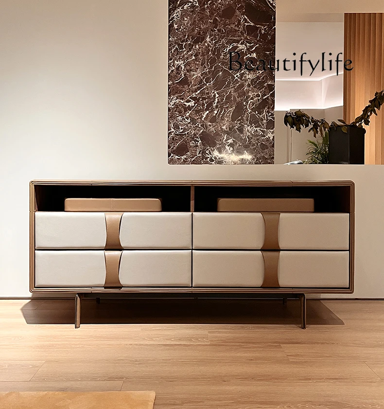 Italian Minimalist Saddle Leather TV Cabinet Modern Light Luxury High-End Designer TV Cabinet