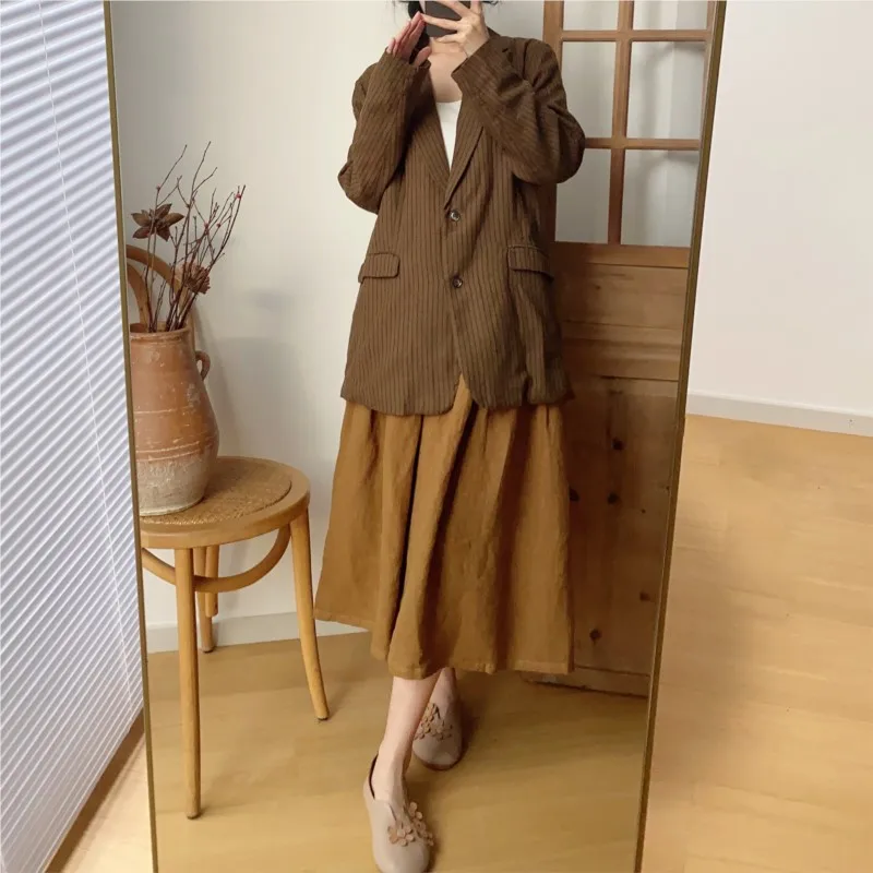 Johnature Vintage Striped Linen Suit Jackets 2024 Spring New Casual Turn-down Collar All Match Loose Button Women Coats