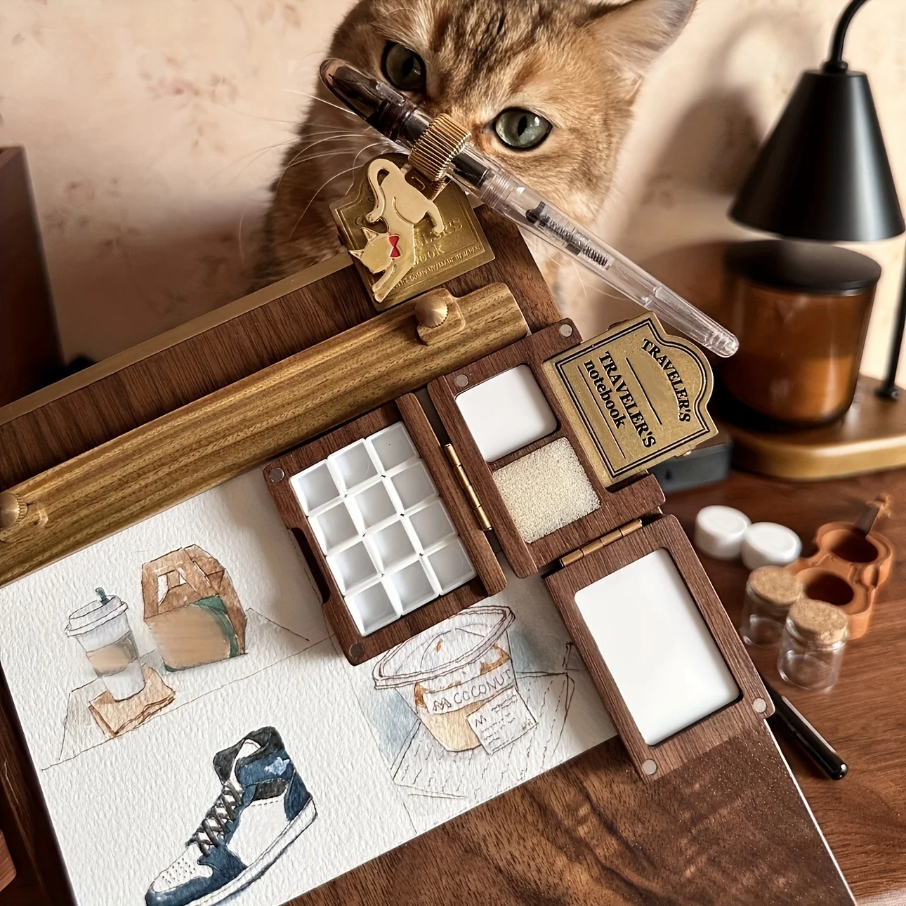 INS-Style Holz-Malbox Zusammenklappbare Aquarell-Malbox für Outdoor-Malerei Retro-Holz-Pigmentbox mit Gratis-Messingklammern – Detail 5