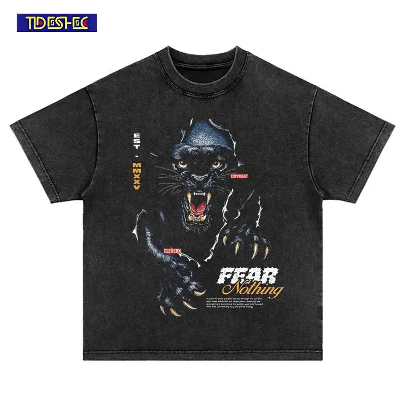 

Уличная одежда в стиле хип-хоп 2025, модная футболка большого размера с принтом «Черная пантера», Harajuku, летняя винтажная потертая черная хлопковая футболка для отдыха