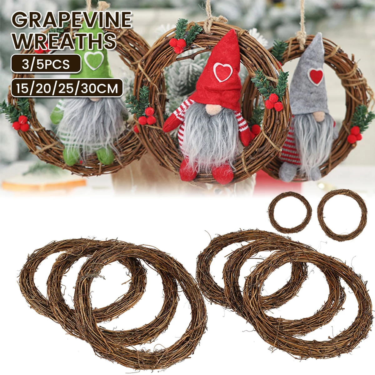 

3/5Pc Christmas Natural Dried Rattan Ring Wreath Garland Christmas DIY Craft Door Wall Hanging Pendant Decoration Party Supplies