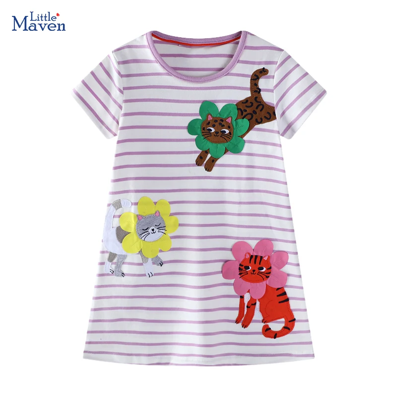 

Little maven, новинка 2023 года, летняя детская одежда для маленьких девочек, хлопковая повседневная одежда, платья с героями мультфильмов, цветов и кошек