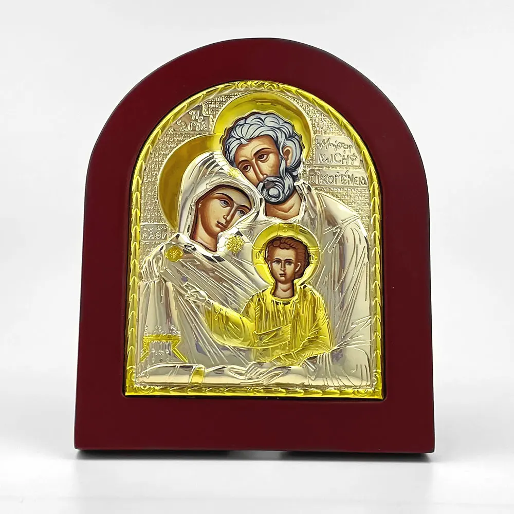 Holy Family Icon Orthodox Greek Icon Byzantine 7.5/6.1 Inch Zinc Alloy Icon Wooden Frame Gold-Finished Religious Art Home Decor