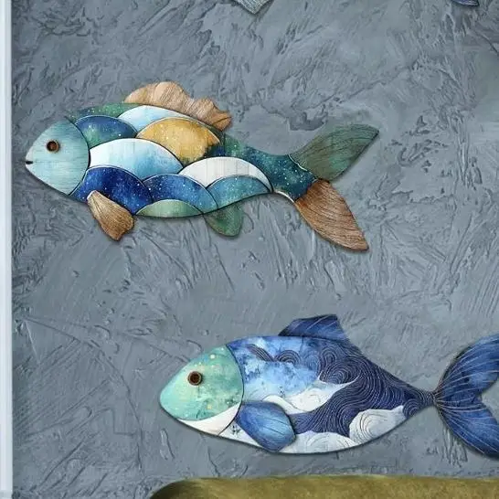 Ornement mural de poisson bleu en bois, signe de poisson rustique sculpté à la main, pendentif drôle, Art mural, décoration d'animaux de l'océan