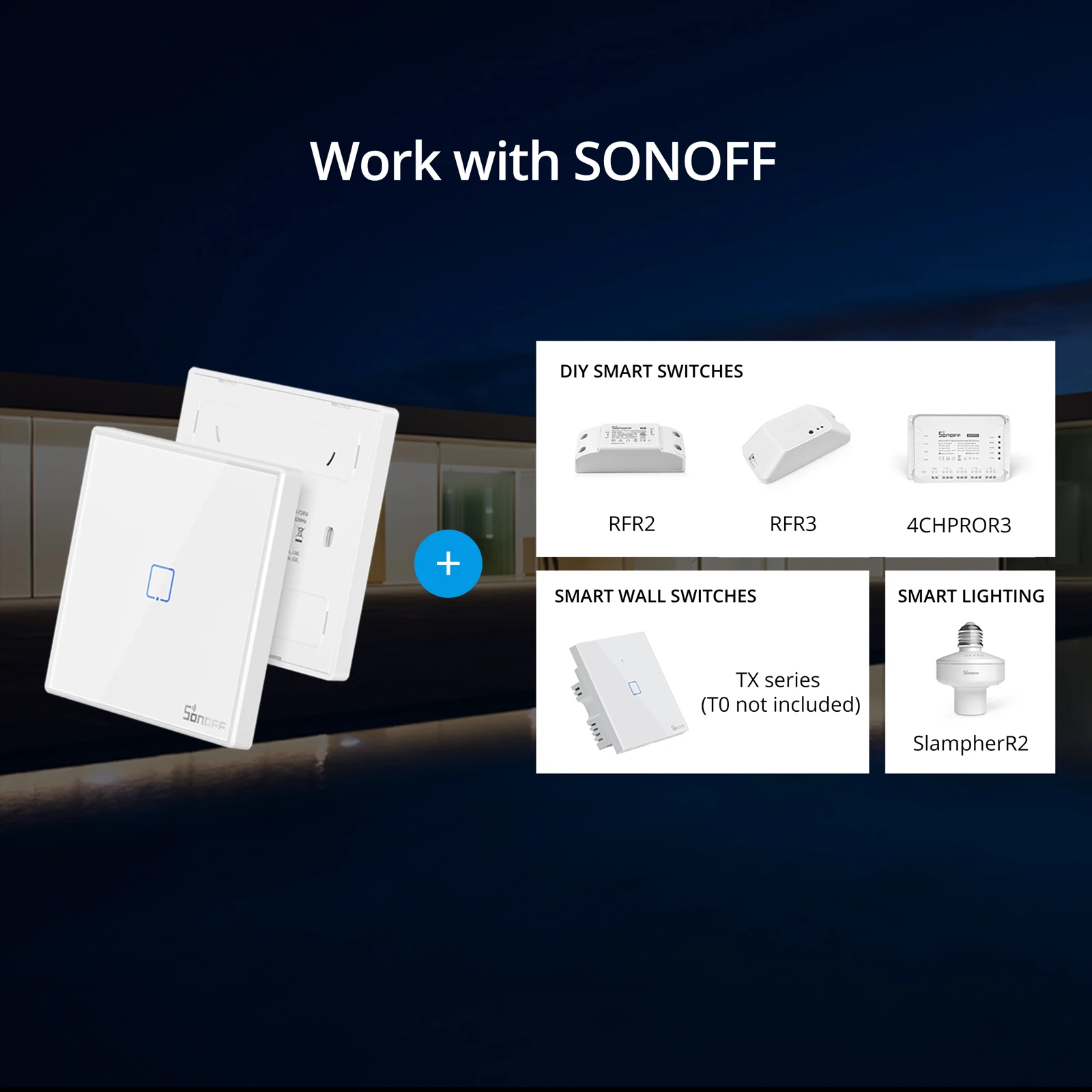 SONOFF T2EU-RF 433MHz Wireless Stick-on Smart Wall Switch Two-Way RF Remote Control Works With SONOFF TX/RFR2/4CHPROR3