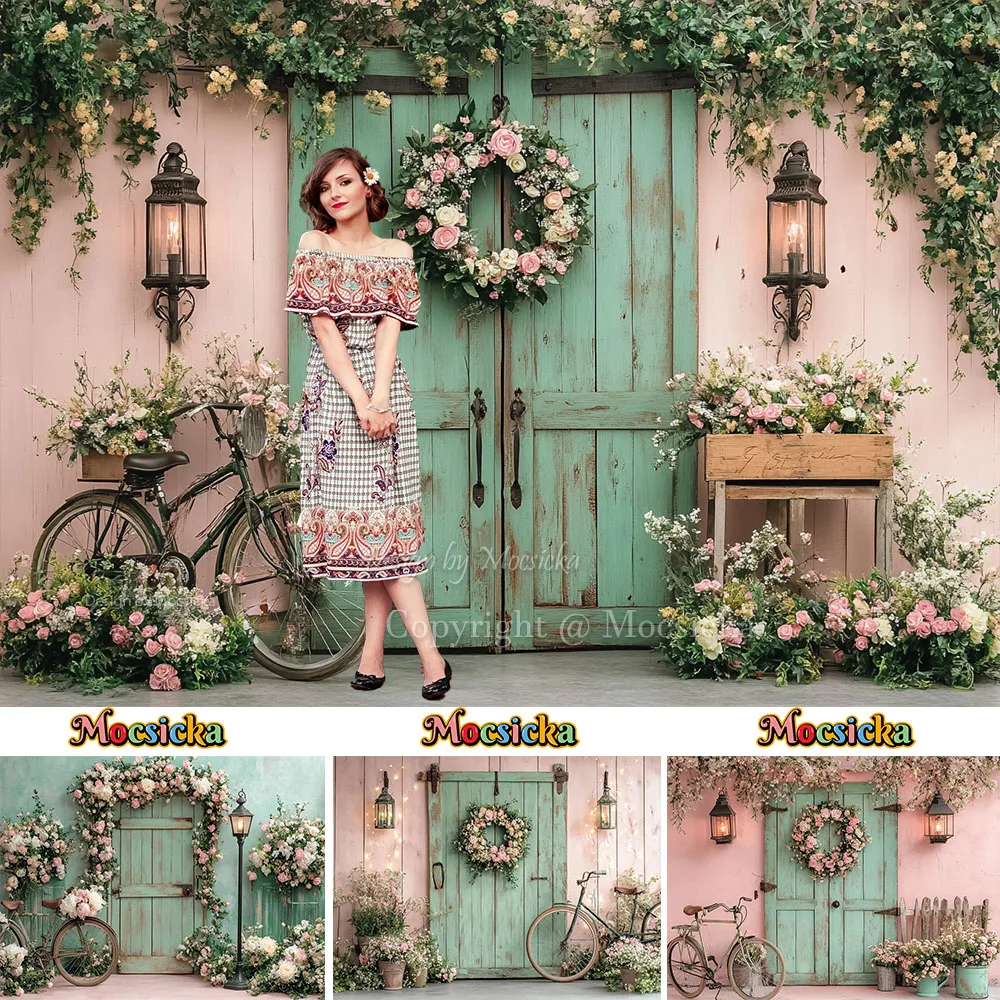 Spring Flower Garden Background Photography Green Wooden Door Bicycle Lantern Backdrop Decor Girl Adult Birthday Photo Studio