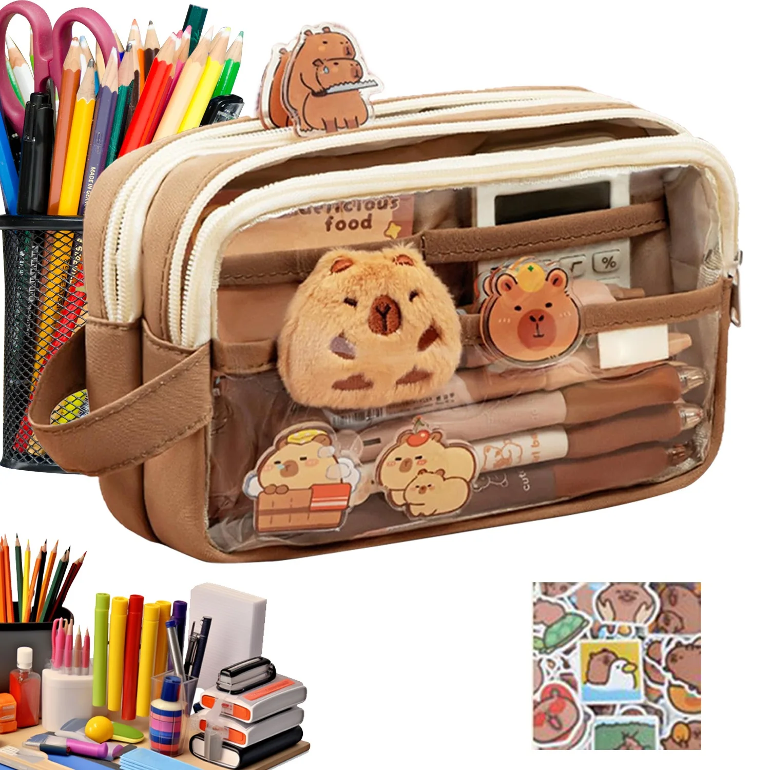 Cartoon Animal Pencil Case, Cute Transparent Capybara Pencil Case, Multi-Layer Pencil Case