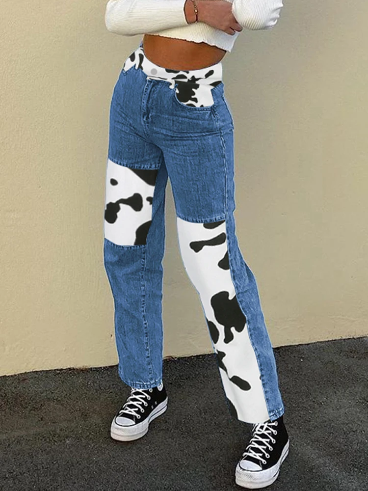 HEYounGIRL Patchwork Cow Print Jeans Women Casual High Waisted Pants Capris Harajuku 90s Black Long Trousers Ladies Street